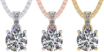 4 Prong Round Solitaire Simulate Diamond Necklace, Platinum Plated Sterling Silver- Zirconia