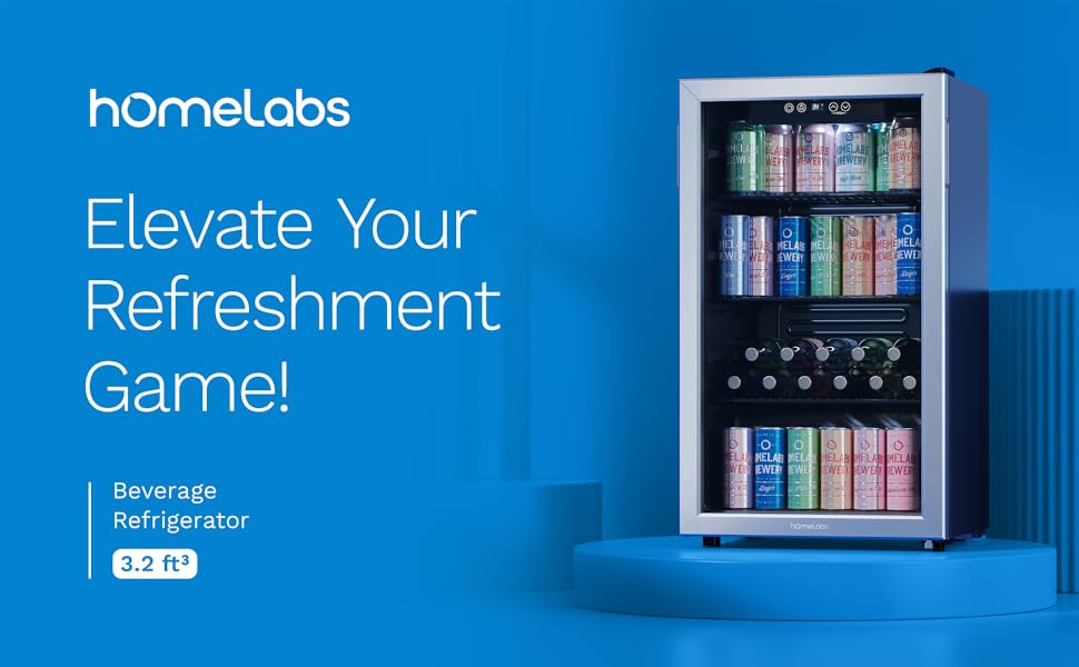 Blue Background of a hOmeLabs Beverage Cooler with the words Elevate your Refreshment Game