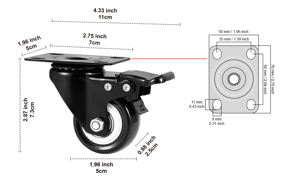 No Noise Locking Casters with Polyurethane (PU) Wheels, Swivel Plate Castors Pack of 4