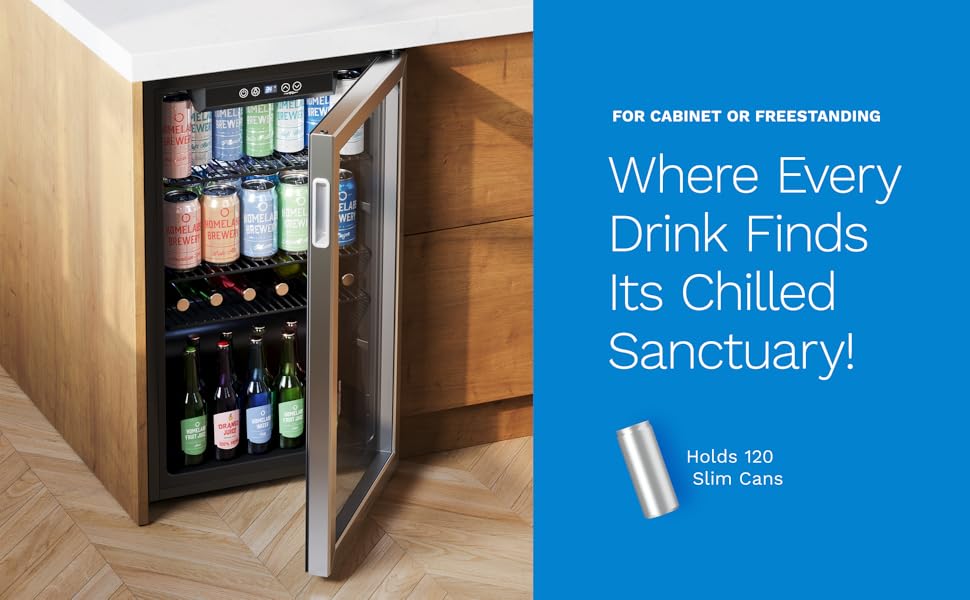 A Beverage Cooler in a Cabinet with a bottles and cans saying it holds 120 slim cans