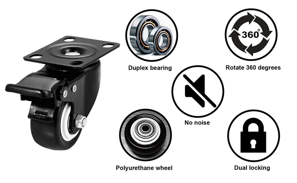 No Noise Swivel Casters with Set of 4, Polyurethane (PU) Wheels with Locking