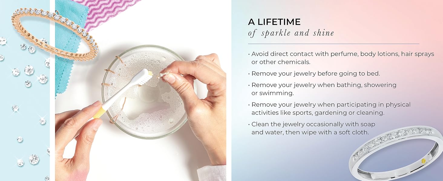 Woman cleaning diamond band with bowl of soapy water and toothbrush