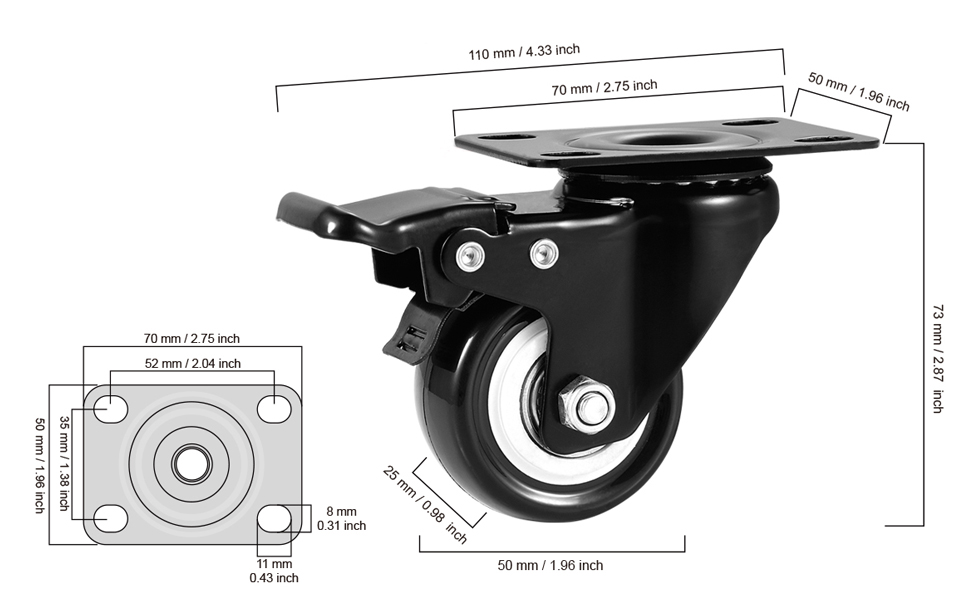 CLOATFET Caster Wheels, 2” Casters with Brake, No Noise Swivel Casters with Set of 4