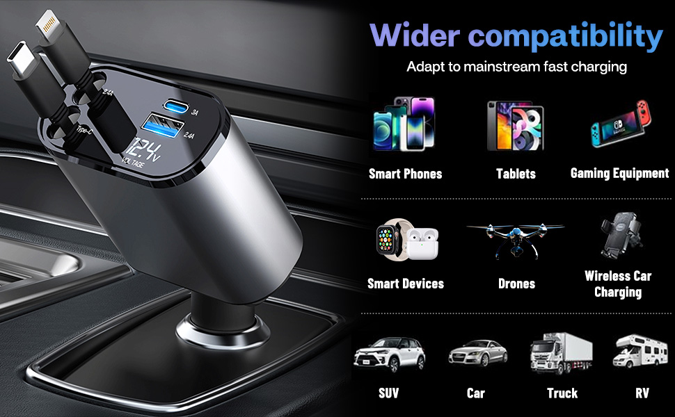 Retractable Car Charger with 100W