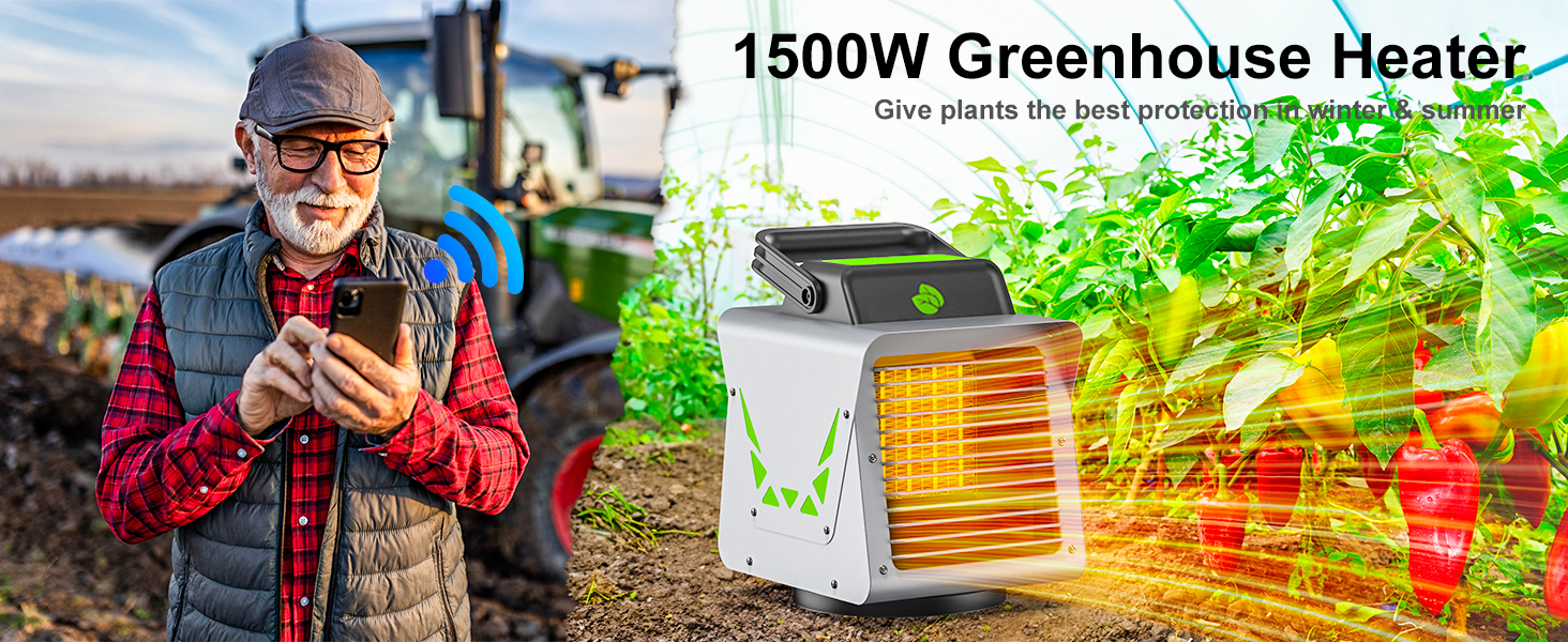 1500W Greenhouse Heater, Portable Outdoor Heater with APP Control Fast Heating Heater for Greenhouse