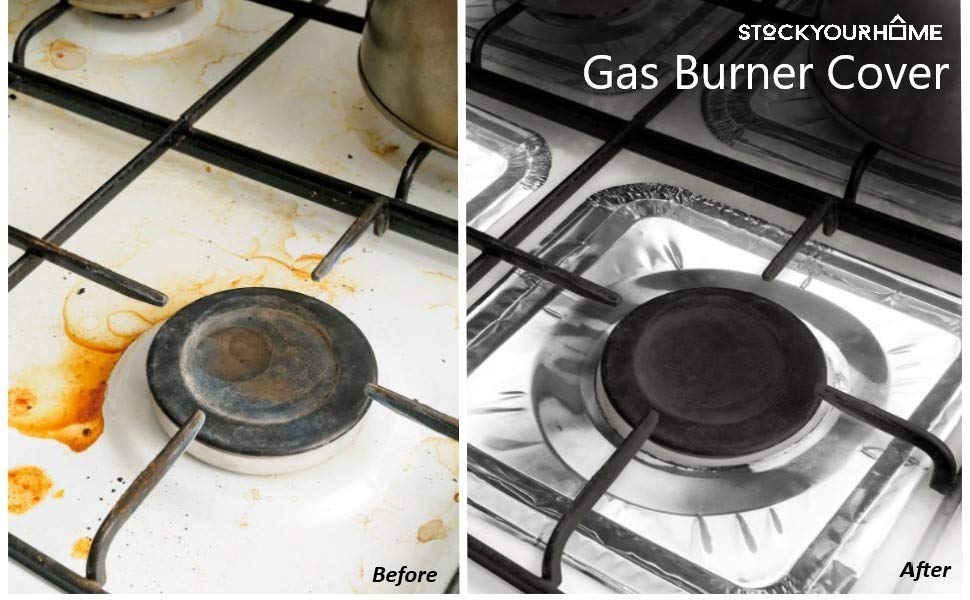 Gas Burner Liners (50 Pack) Disposable Aluminum Foil Square Stove Burner Covers - 8.5 Inch