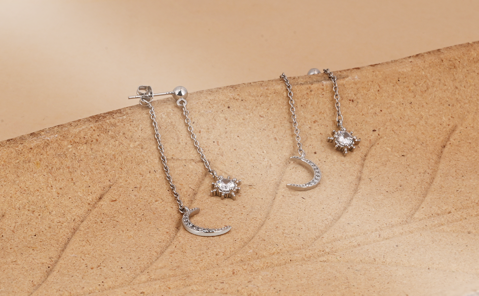 Silver Moon Star Drop Earrings