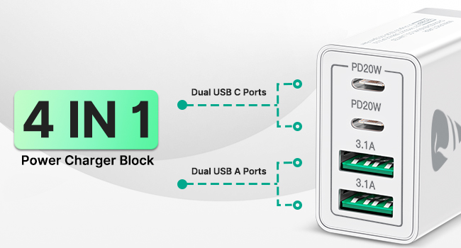 USB C Wall Charger 4 Port Fast Charging Block