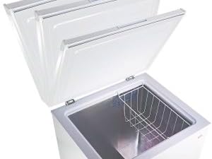 Koolatron white chest freezer, open, on a white background
