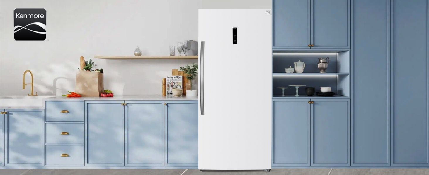 Kenmore 21 cubic foot convertible upright freezer refrigerator in a blue and gray kitche