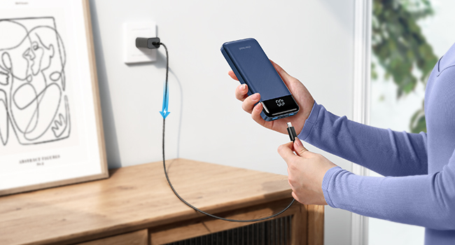 portable charger with built in cables blue