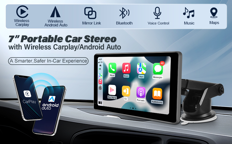 Podofo 7 Inch Portable Wireless Carplay Android Auto Car Stereo System