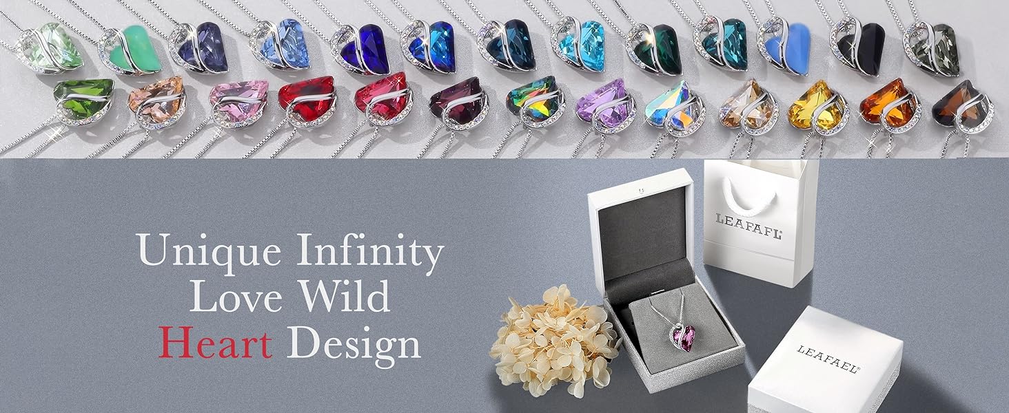 Array of colorful heart-shaped necklaces with gift box
