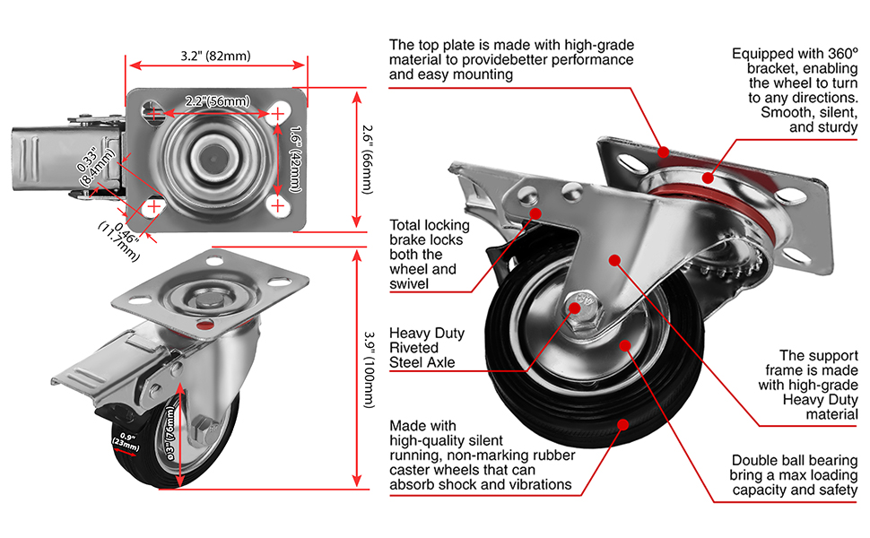 Swivel Caster Wheels Rubber Base with Top Plate & Bearing Heavy Duty 