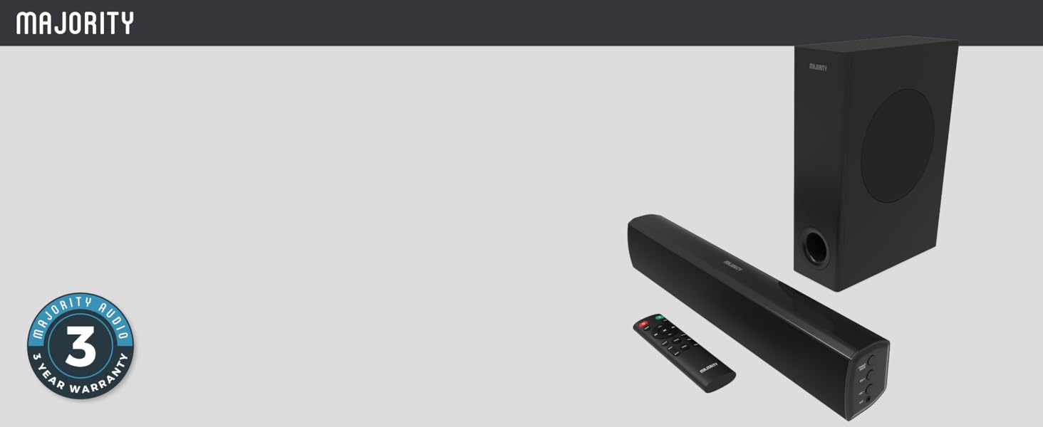 Majority Bowfell Plus black soundbar with external subwoofer