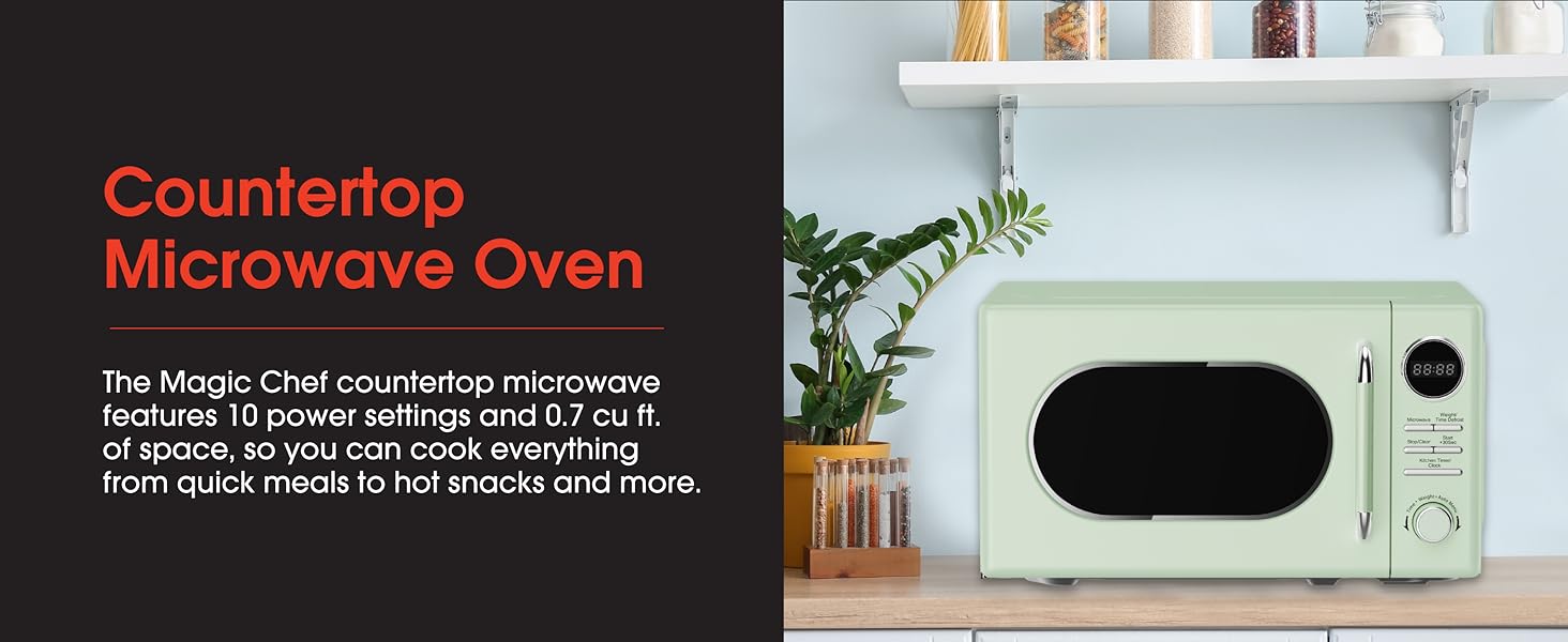 A kitchen microwave oven. Text reads: Countertop microwave oven. 
