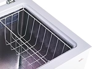 Closeup of removable wire basket in Koolatron white chest freezer