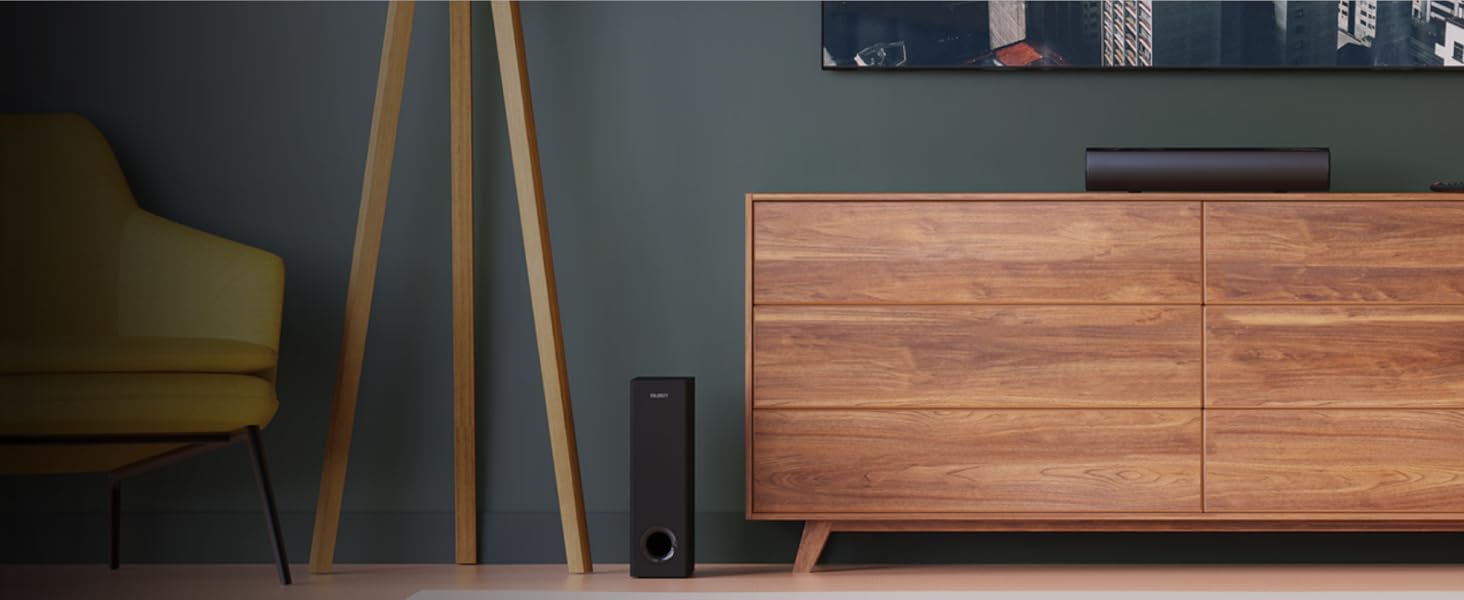 Majority Bowfell Plus sound bar with subwoofer in living room connected wirelessly