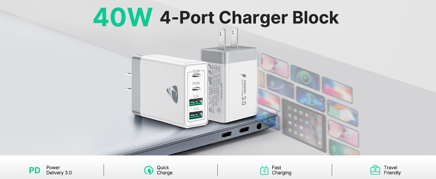 USB C Wall Charger 40W 4-Port Fast Charging Block