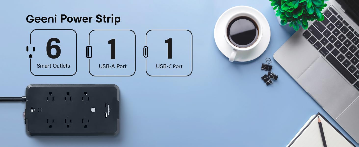Geeni SW009 Surge Protector 6 Smart Outlets, 2 USB Ports