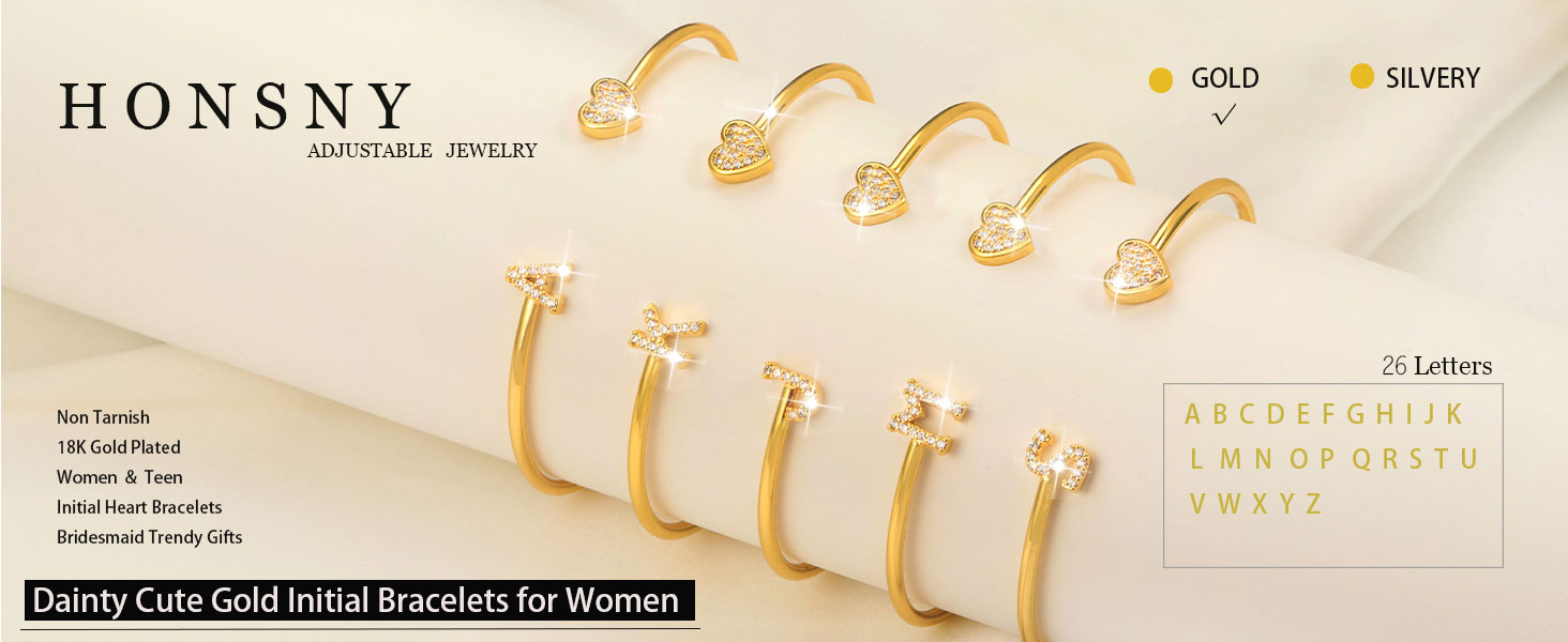 18K Gold Plated Initial Heart Cuff Bangle Bracelets