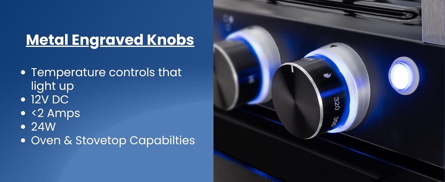 Metal engraved knobs. Temperature controls that light up. Technical data. 