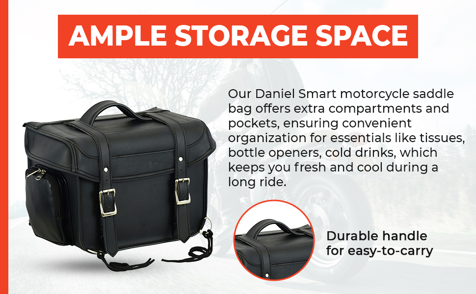 Daniel Smart motorcycle saddlebag offers extra compartments and pockets