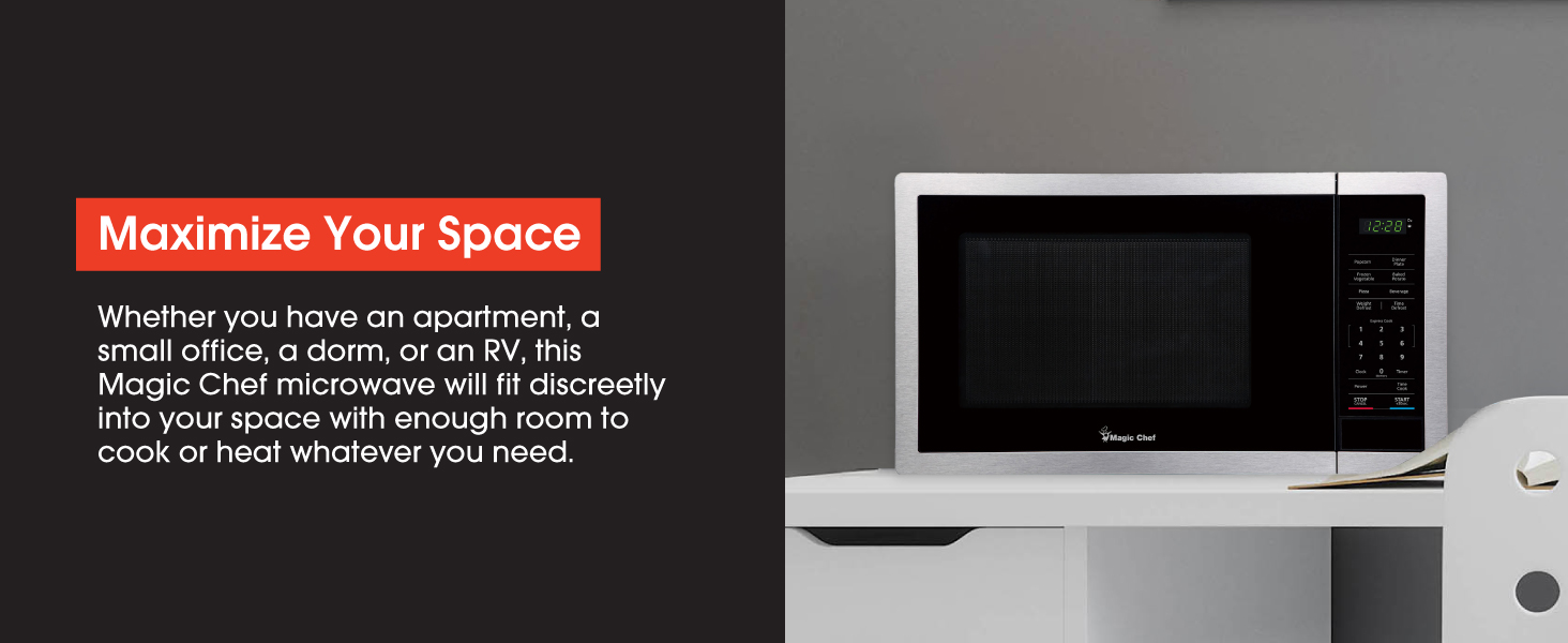 A Magic Chef microwave. Text reads: Maximize your space. 