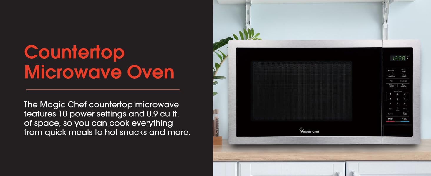 A kitchen microwave oven. Text reads: Countertop microwave oven.