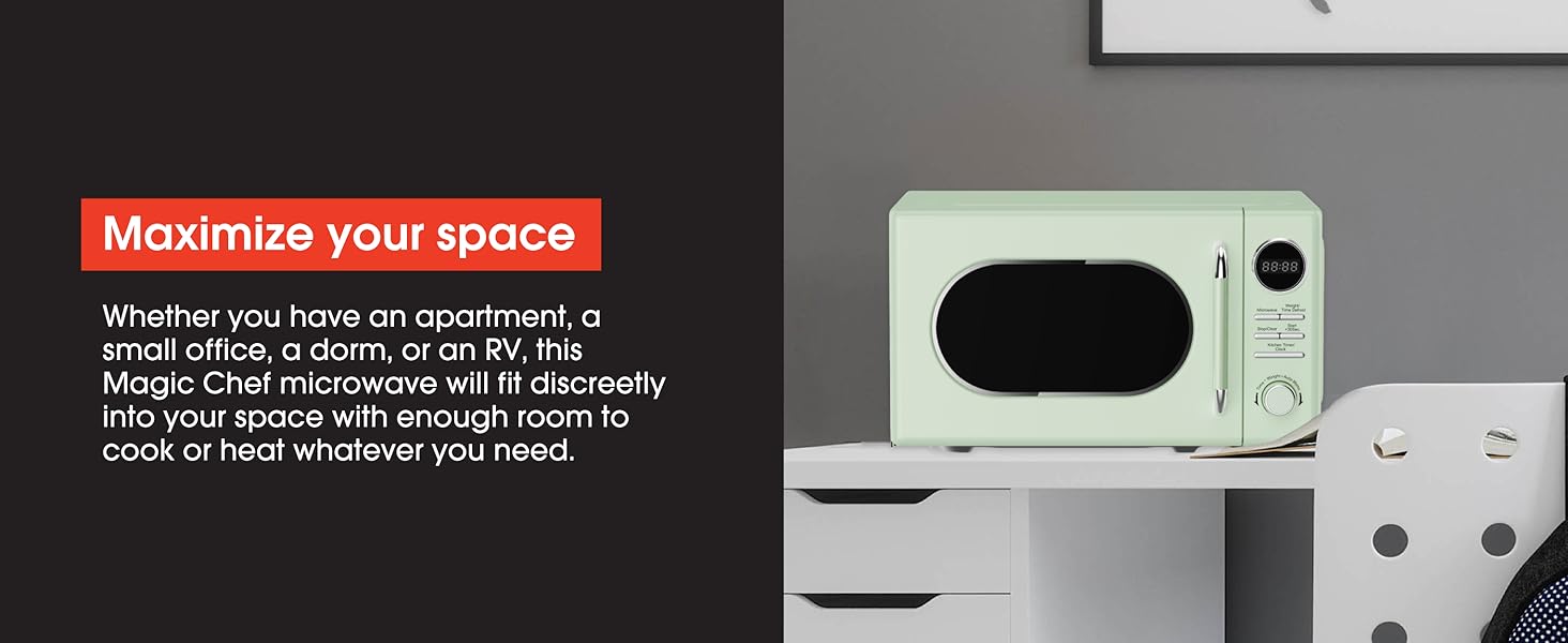 A Magic Chef microwave. Text reads: Maximize your space. 