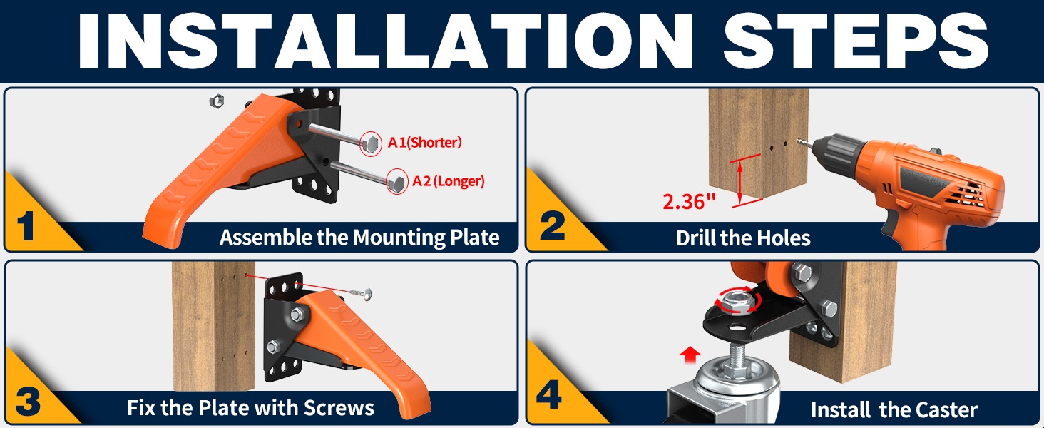 Workbench Casters 880 Lbs Capacity 3" Extra Heavy Duty Retractable Casters 4 Pack Stepdown Casters