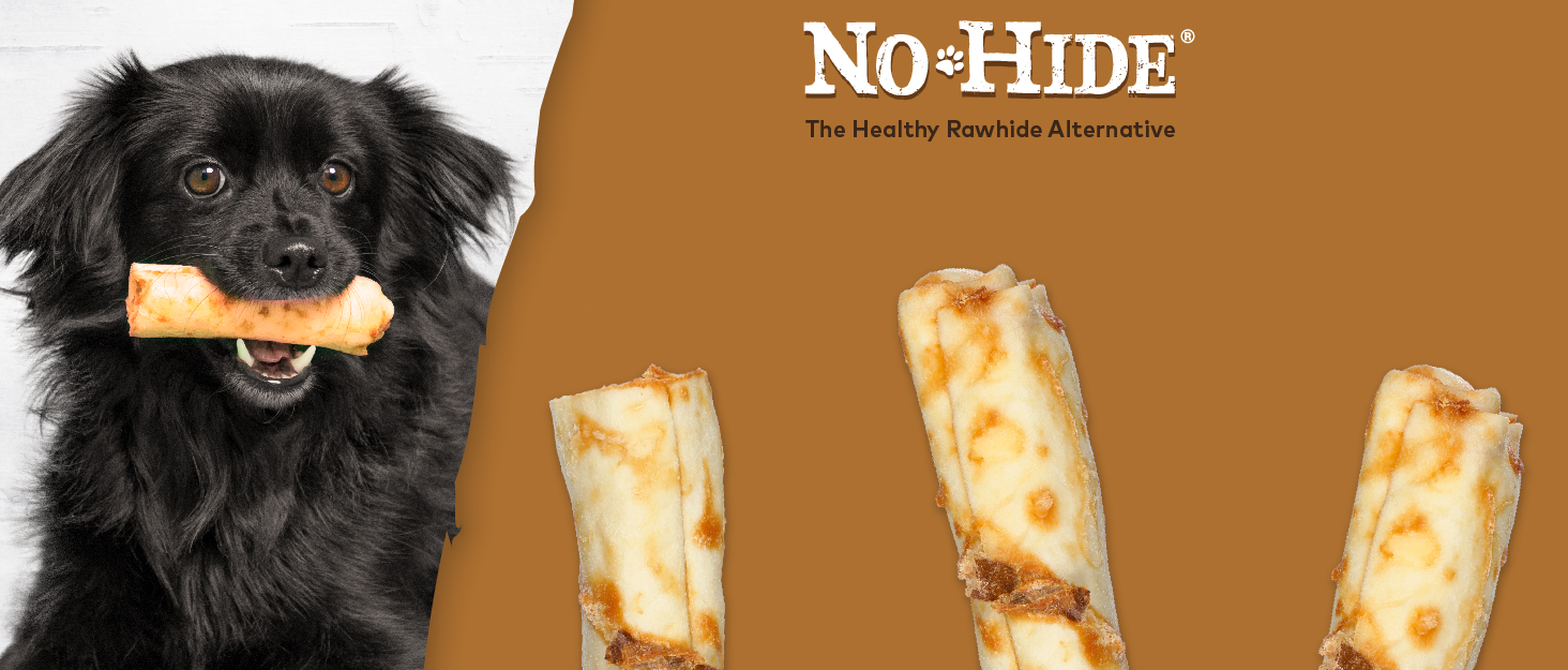 black dog with no-hide in mouth next to brown background image of 3 no-hide chews