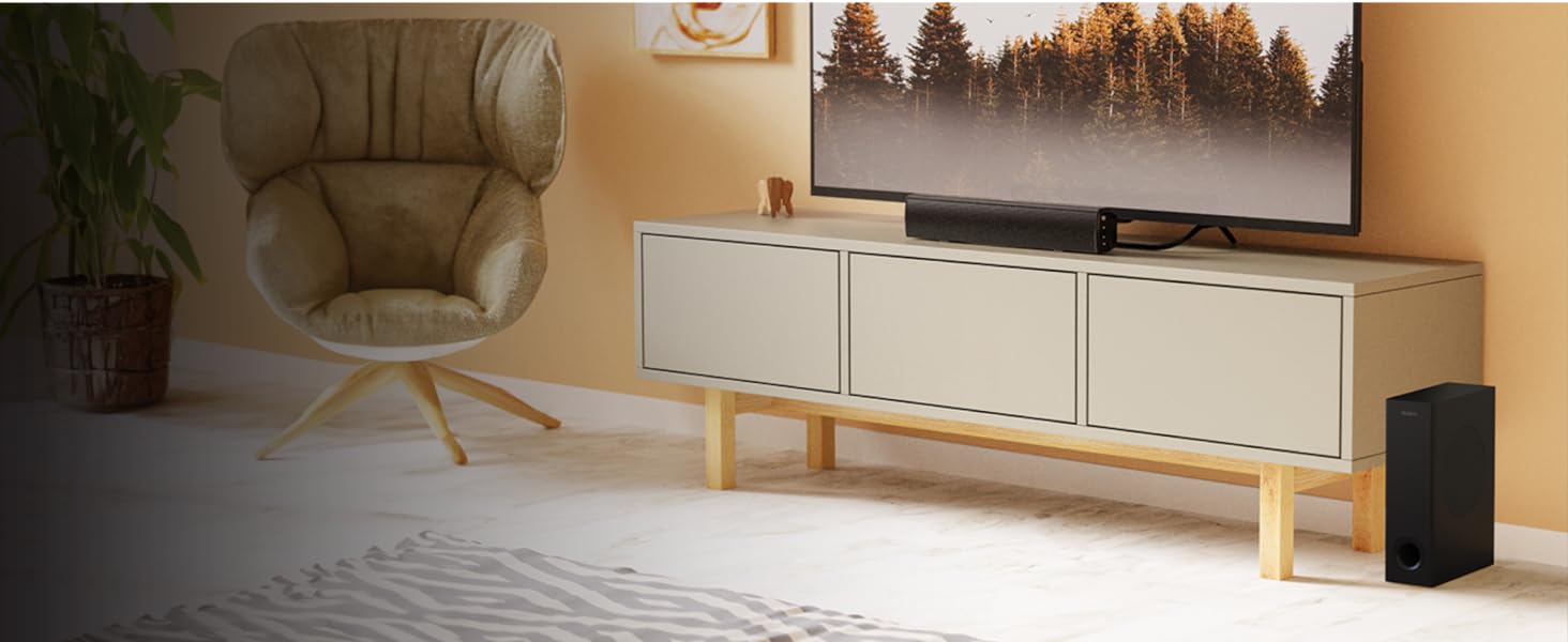 Bowfell Plus sound bar for tv with subwoofer set up as home theatre system in the living room