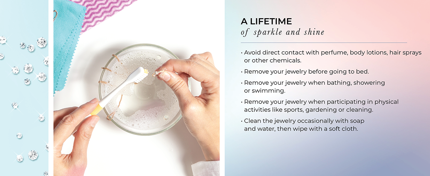 Woman cleaning lab grown diamond jewelry with toothbrush and bowl of soapy water