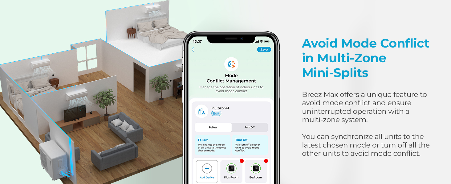 Multi zone mini split control with breez max to avoid mode conflict