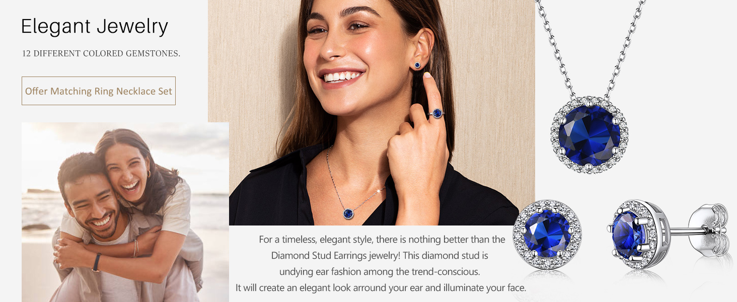Sapphire Birthstone Stud Necklace and Earring Jewelry Set