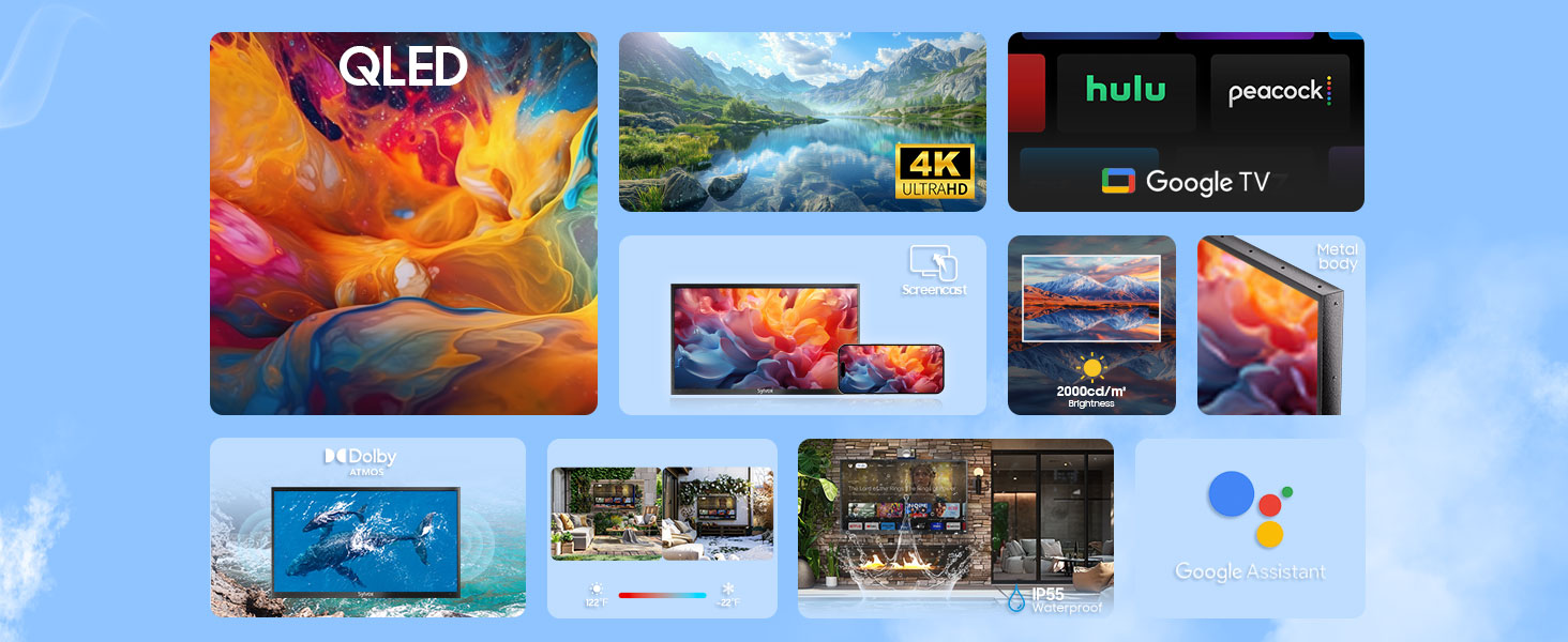 QLED TV Smart Outdoor TVs full sun 4K HDR Dolby Atmos 2000 nits Partial Sun Google TV system 60Hz