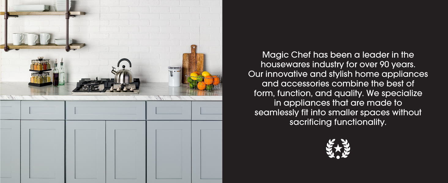 A kitchen with a counter and cupboards. Text reads: Innovative and stylish appliances.