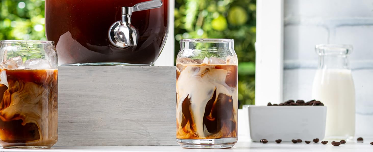 cold brew coffee dispenser with can shaped drinking glasses