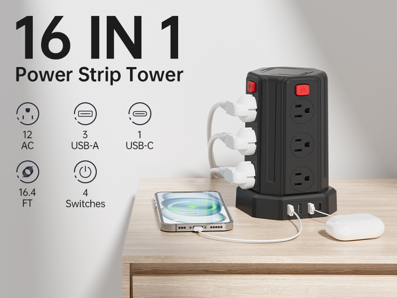 Power Strip Surge Protector, 16.4 Ft Extension Cord with 12 AC Multiple Outlets 4 USB (1 USB C)