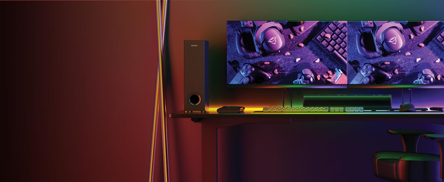 Bowfell Plus sound bar used for a gaming set up. Soundbar and subwoofer standing on desk