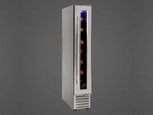 7-bottle front-venting compressor wine cooler, closed, on a dark gray background