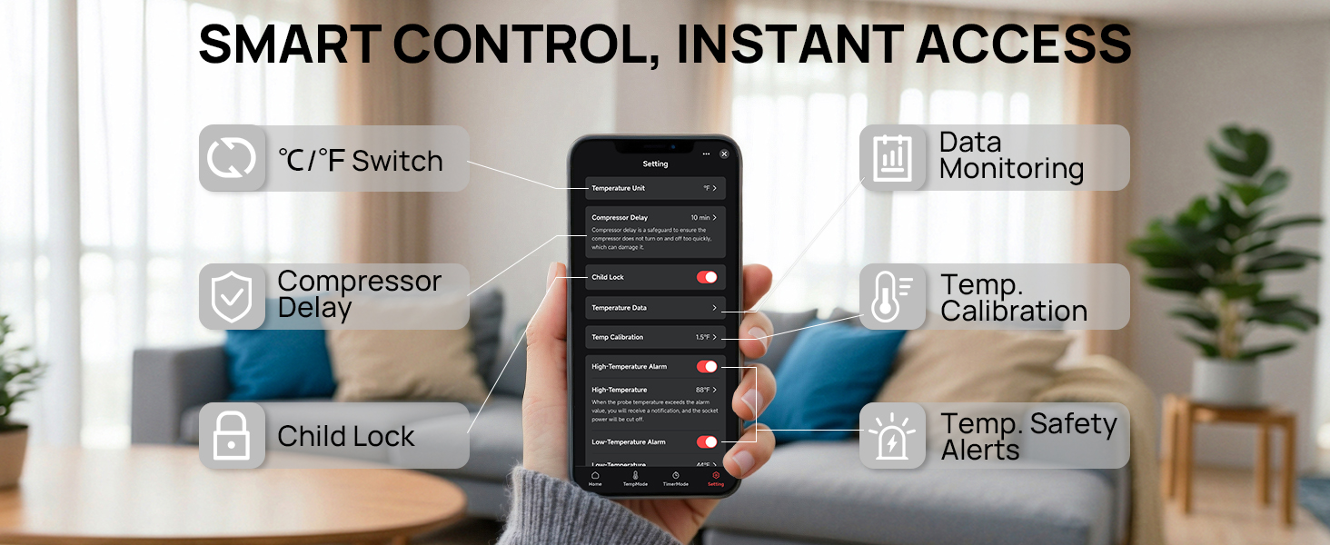 Home scene with app settings page showing function like child lock temp calibration