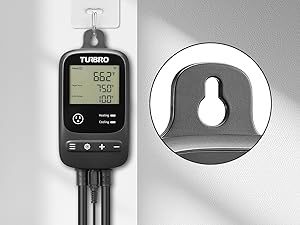 Controller hanging on wall hook with close-up of hanging design displayed in circle