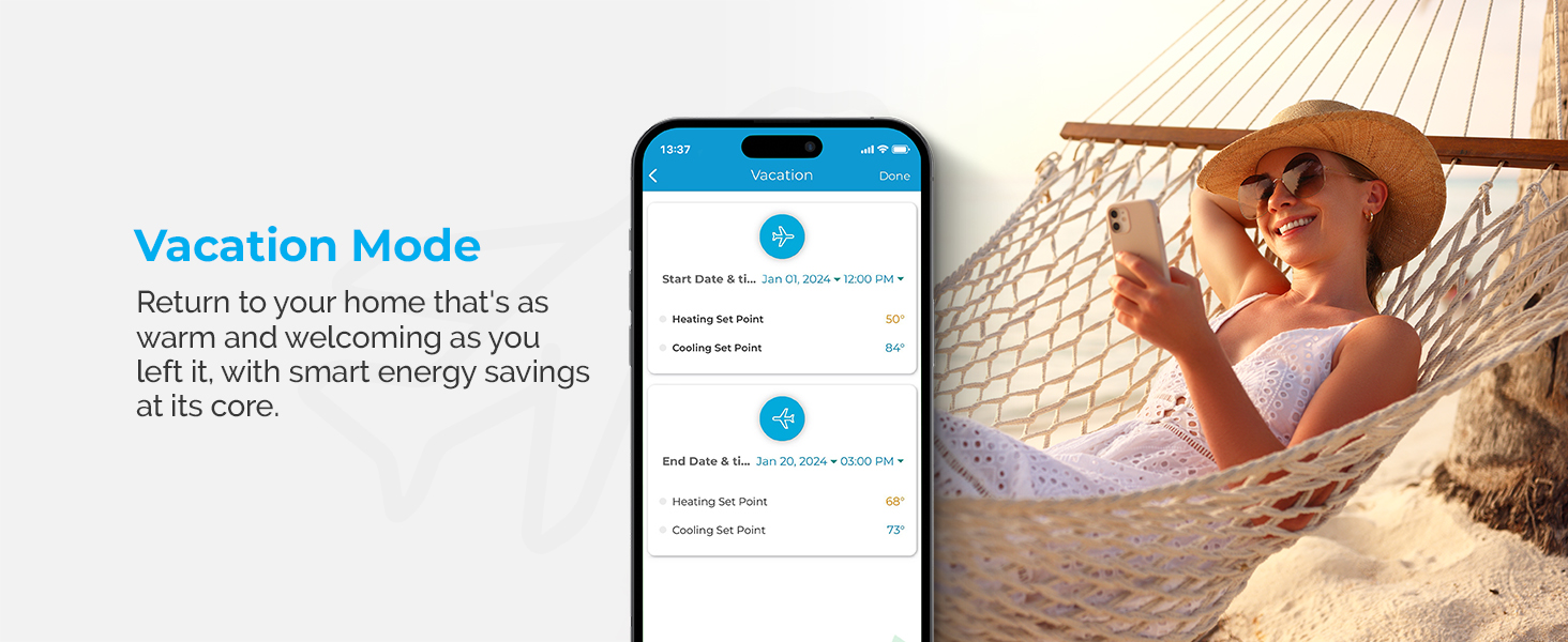 Stay tension free on your holidays with Vacation mode on Cielo Smart Thermostat Eco. 