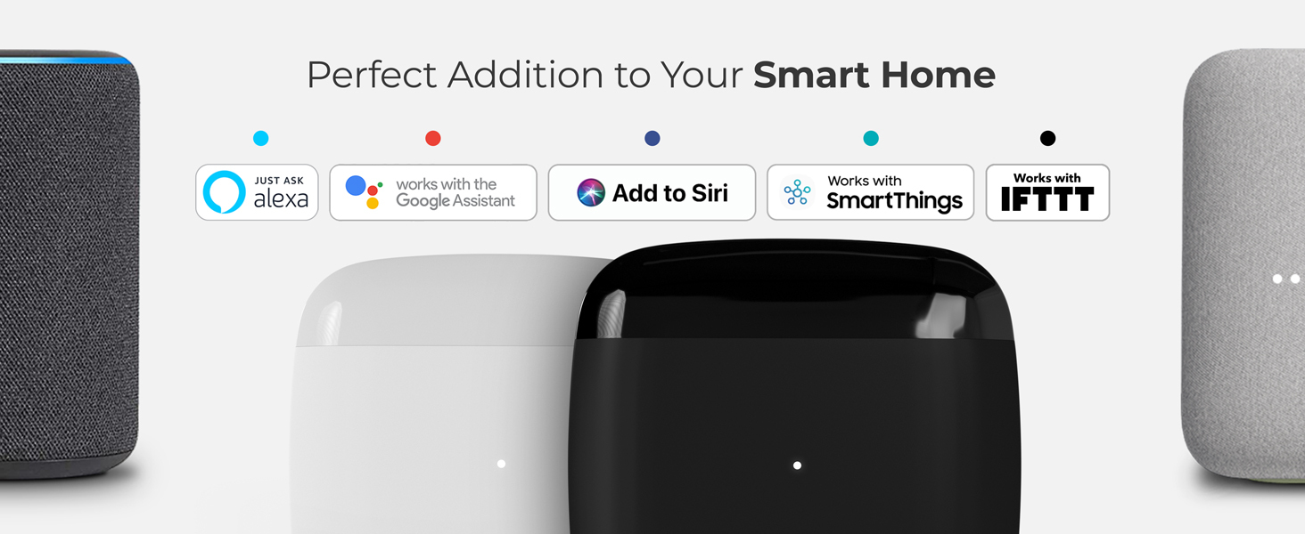 Works with Amazon Alexa, Google Assistant, Siri, Samsung SmartThings, and IFTTT