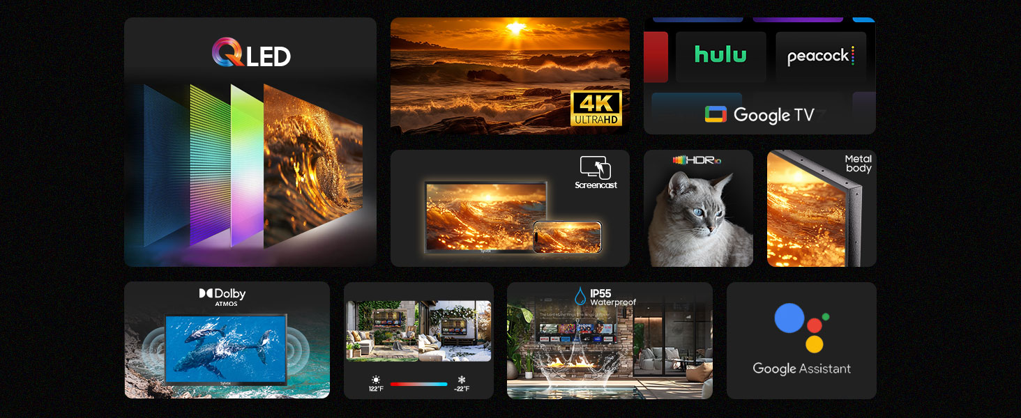 QLED TV Smart Outdoor TVs 4K HDR Dolby Atmos 1000 nits Partial Sun Google TV system 60Hz