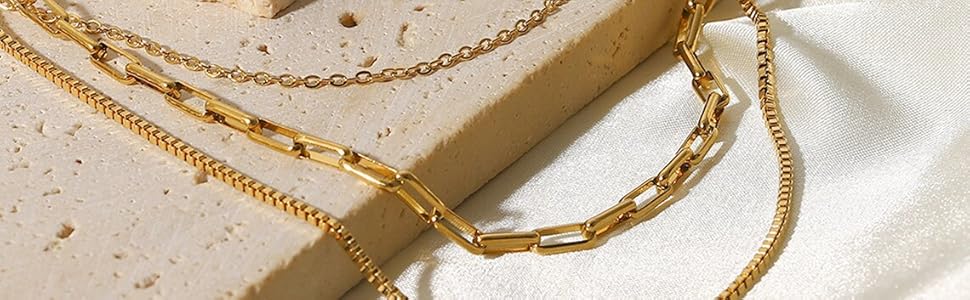 Dainty Layered Necklace 14K Gold Plated Herringbone Pearl Cross Paperclip Cuban Figaro Rope Gift