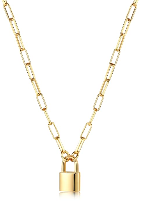 Dainty Gold Plated Paperclip Link Chain Necklace for Women with Lock Pendant