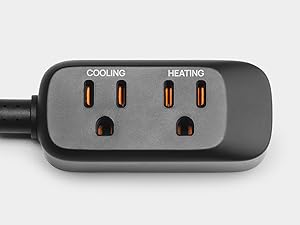 Close-up of plug showing cooling socket on left and heating socket on right